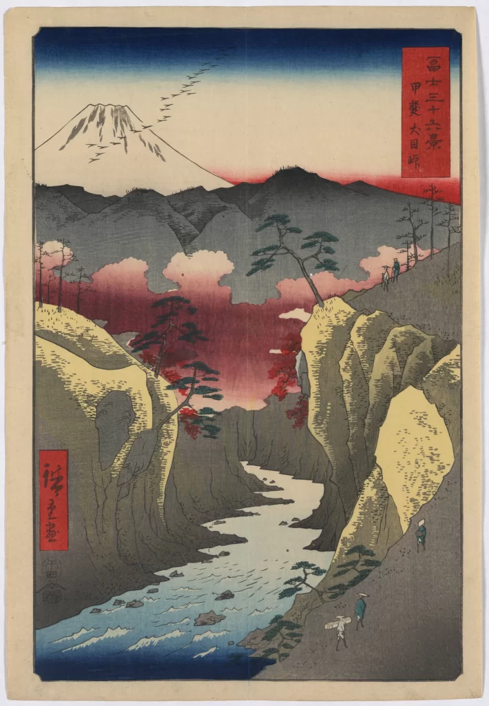 Mount Fuji Traditional Japanese Landscape Serene Red And Blue Woodblock Print