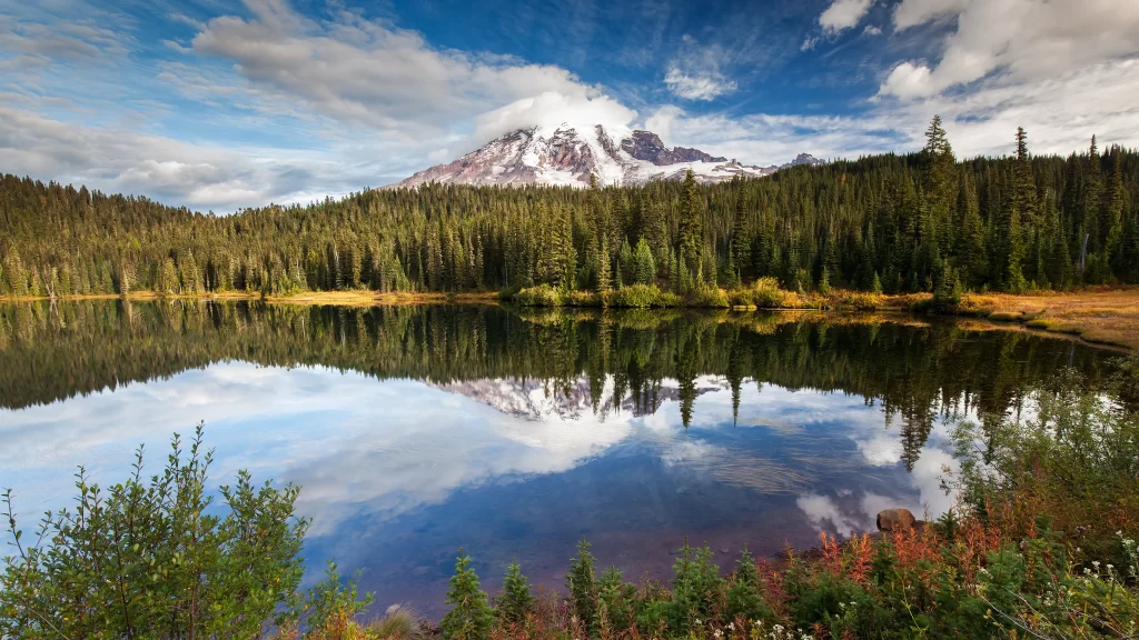 mountain lake forest reflection sky