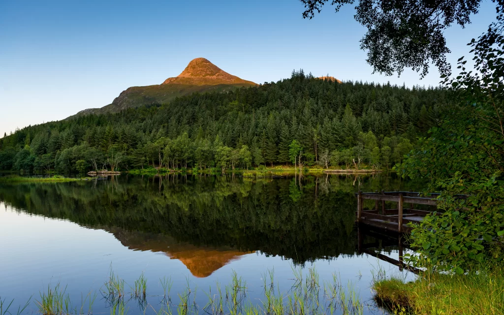 mountain lake forest reflection sunrise nature