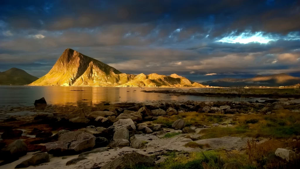 mountain landscape sunset clouds water rocks