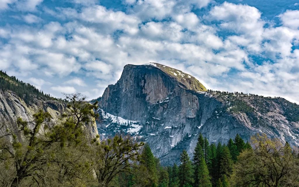 Mountain Sky Clouds Trees Snow Granite