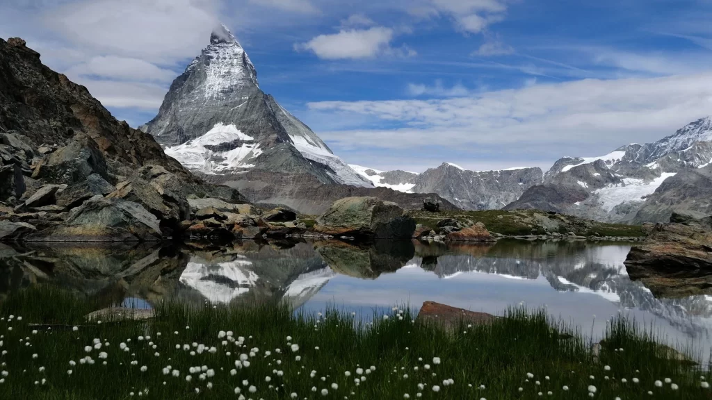 mountain snow reflection lake sky
