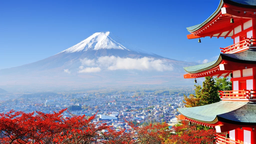 mountain temple red autumn city clouds