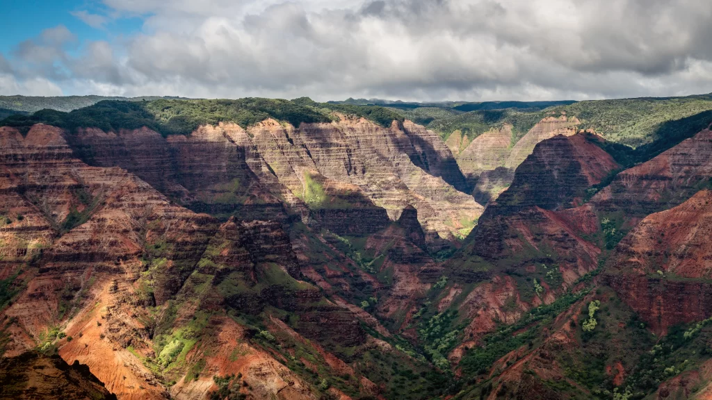 Mountains Canyon Red Rock Greenery Clouds Sunlight