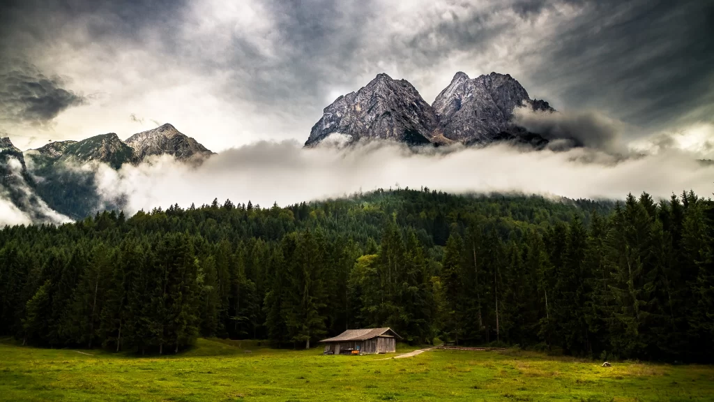 Mountains Clouds Forest Cabin Green Sky