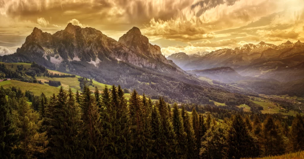 mountains clouds forest sunlight landscape nature