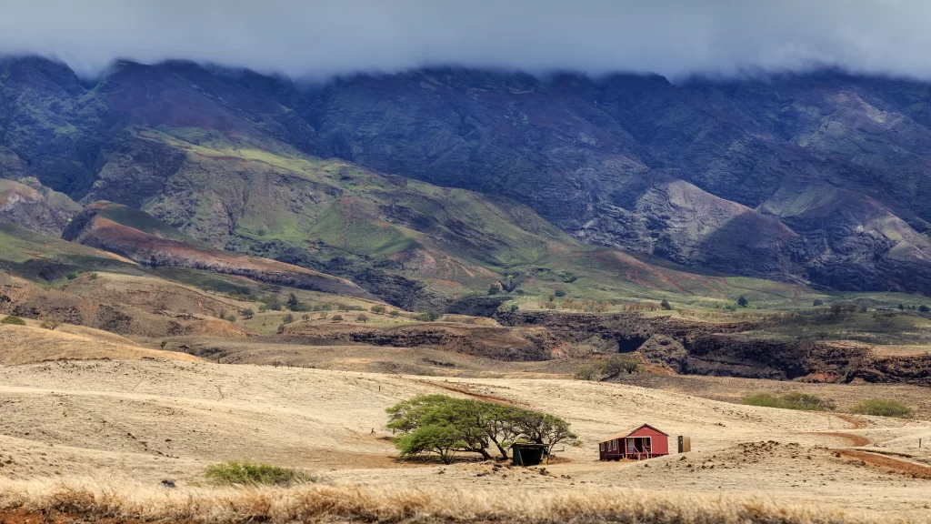 Mountains Clouds Grassland Trees House Path
