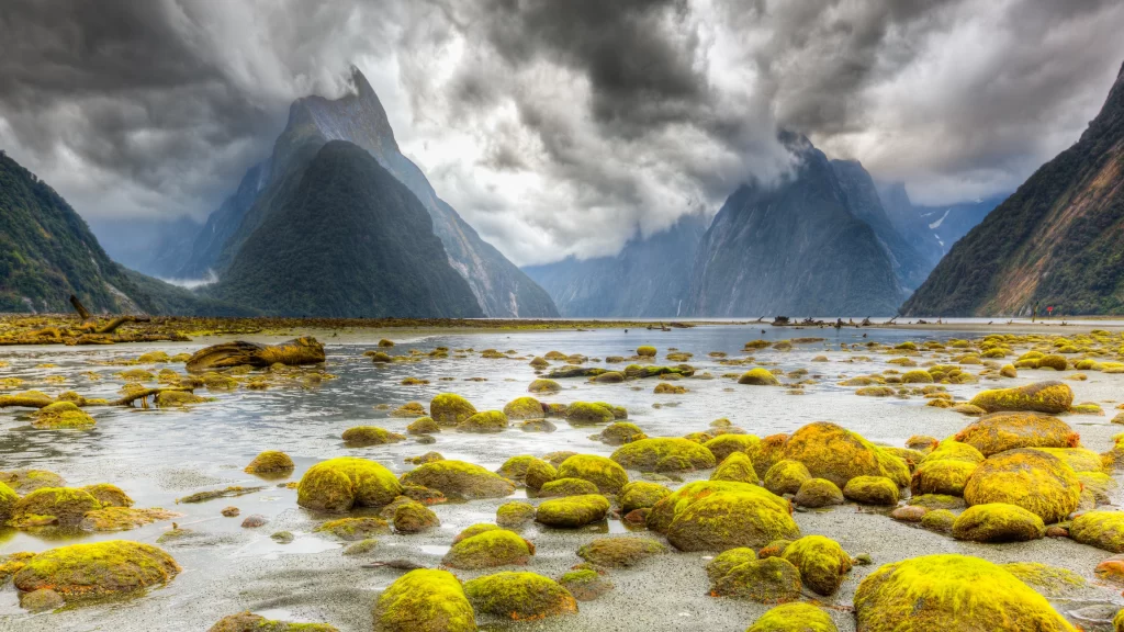mountains clouds water rocks moss landscape