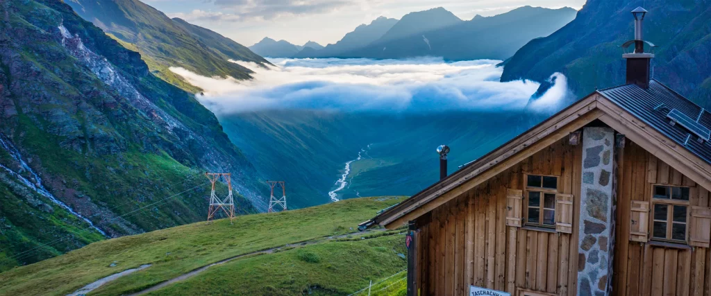 Mountains Clouds Wooden House Greenery Valley Tranquility