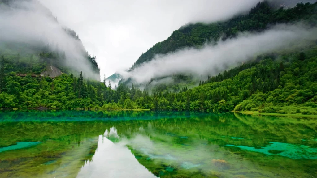 Mountains Fog Lake Green Reflection Serene
