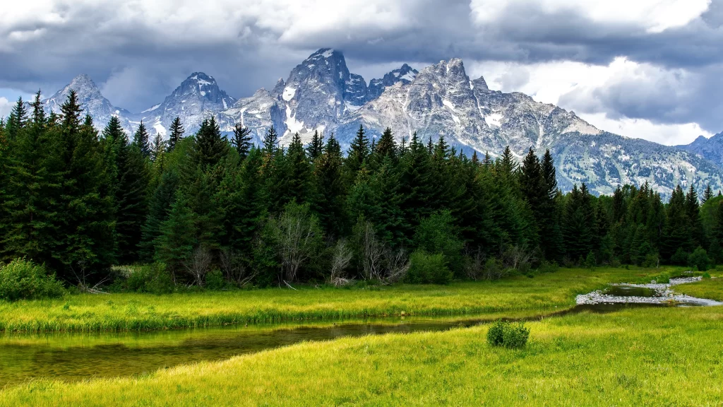 mountains forest river grass sky clouds