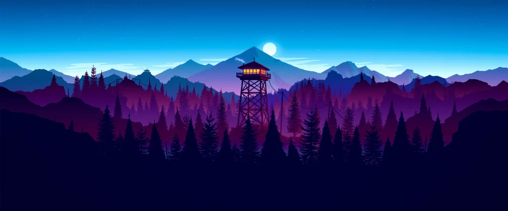 Mountains Forest Tower Moon Night Sky