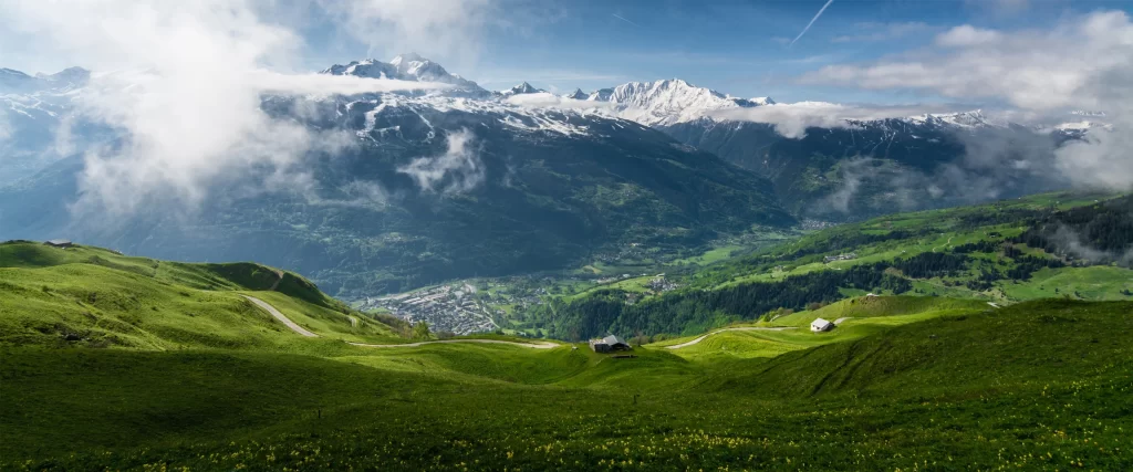 mountains greenery clouds valley landscape