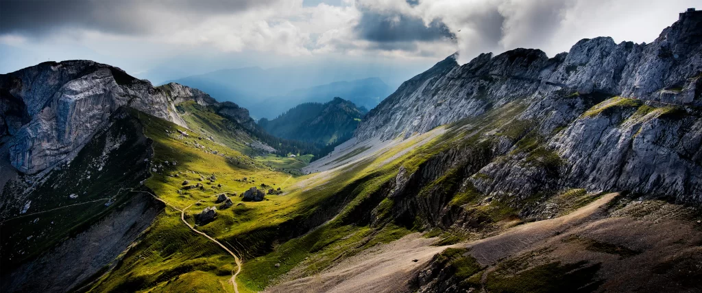 Mountains Greenery Rocky Path Clouds Sunlight