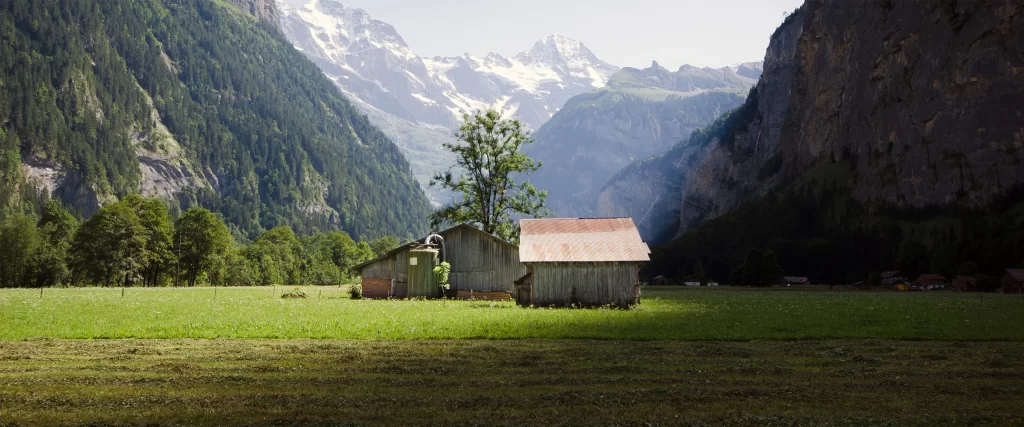 Mountains Greenery Wooden Cabin Clear Sky Serene Natural