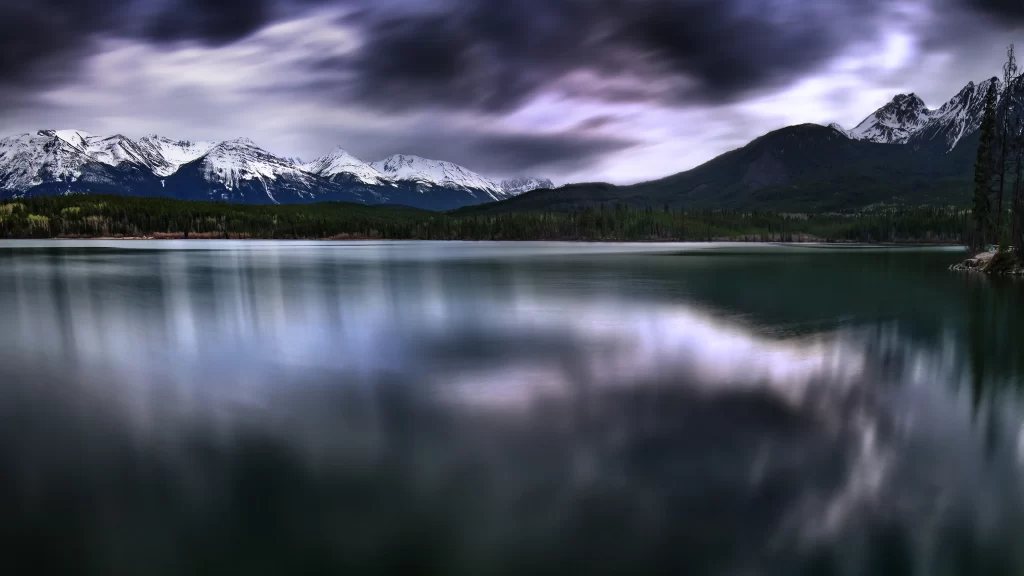 mountains lake clouds reflection serene nature