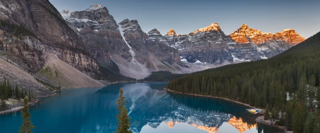 mountains lake forest reflection sunrise