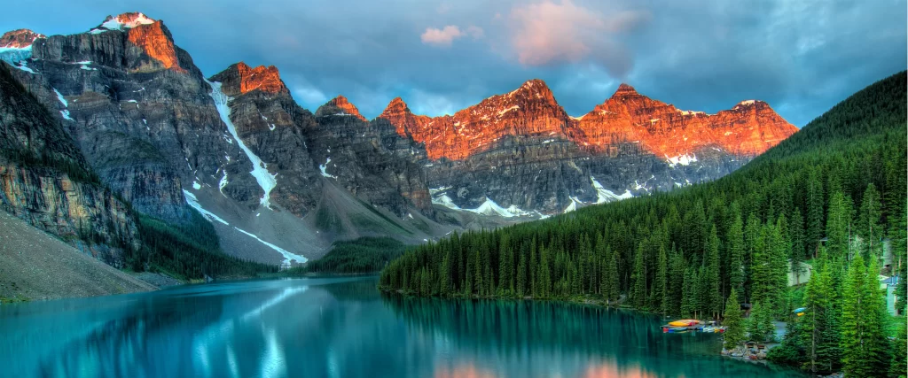mountains lake forest sunrise reflection nature