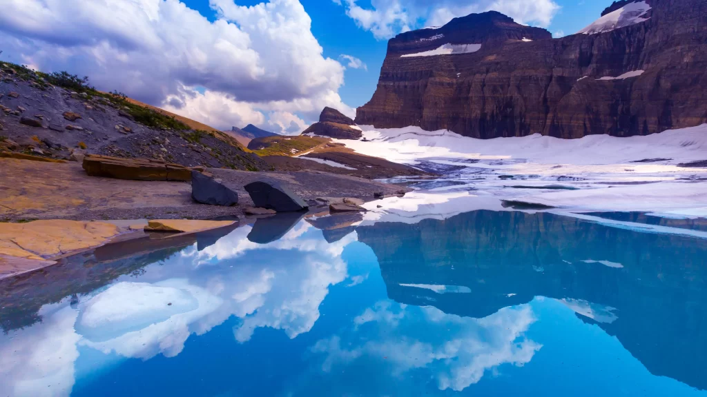 Mountains Lake Reflection Sky Clouds Snow
