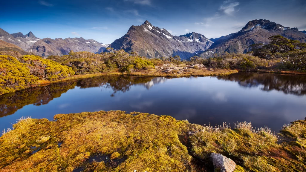 mountains lake reflection sky vegetation