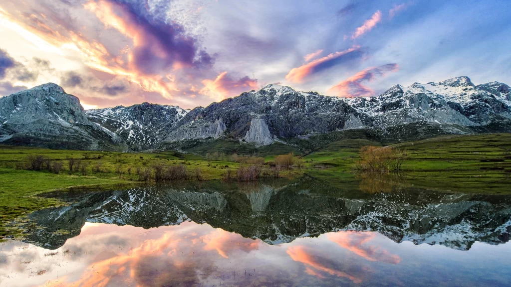Mountains Lake Reflection Sunset Clouds Nature