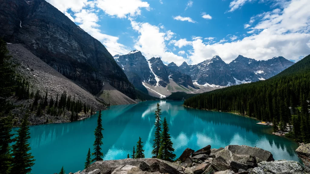 mountains lake sky trees rocks