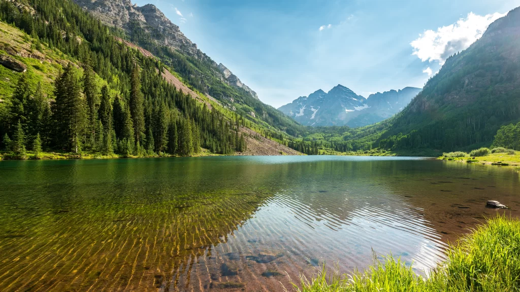 mountains lake trees clear sky nature