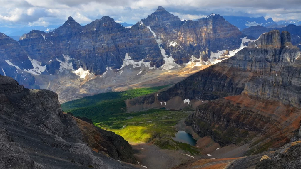 mountains landscape valley greenery snow