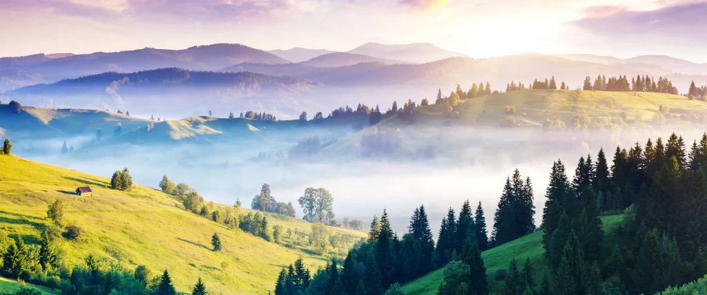 Mountains Mist Sunlight Greenery Tranquility Nature