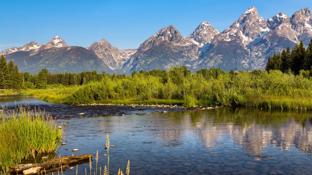 mountains river greenery clear sky reflection