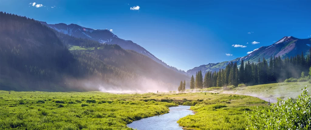 Mountains River Greenery Mist Blue Sky Tranquility