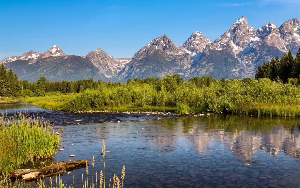 mountains river greenery reflection blue sky nature