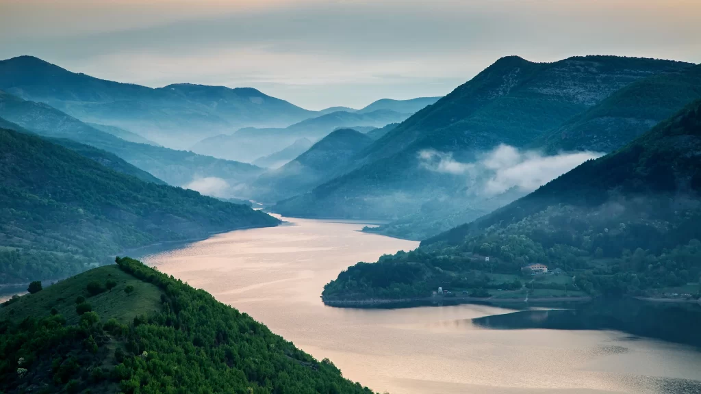 mountains river mist green tranquil