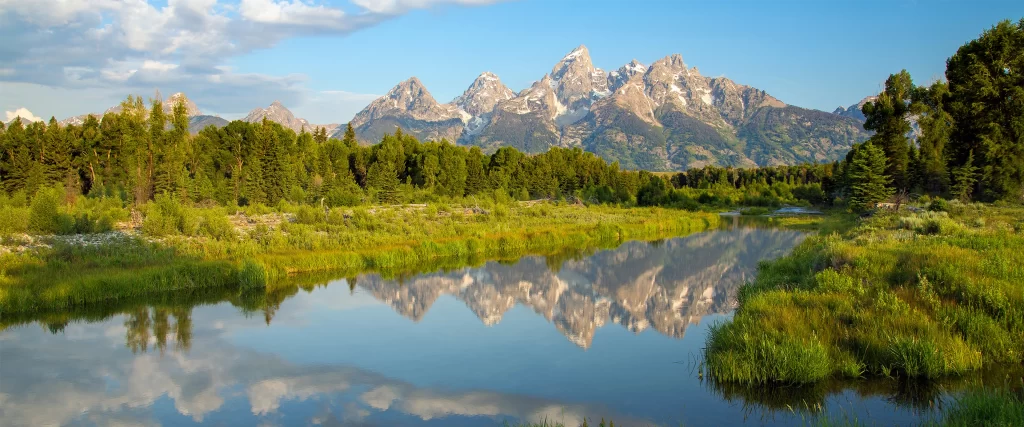 Mountains River Reflection Trees Sky Clouds