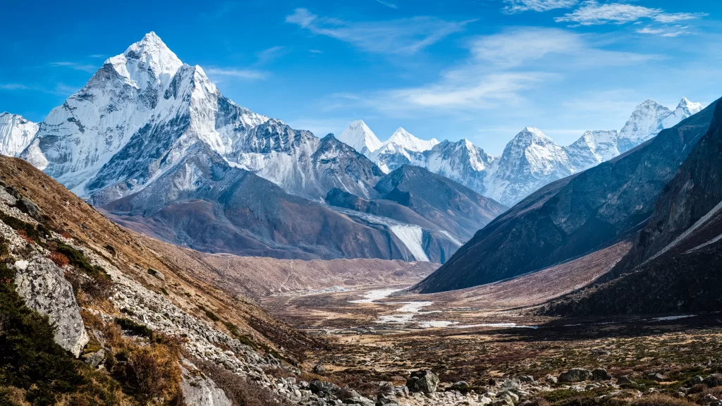 mountains snow peaks valley landscape