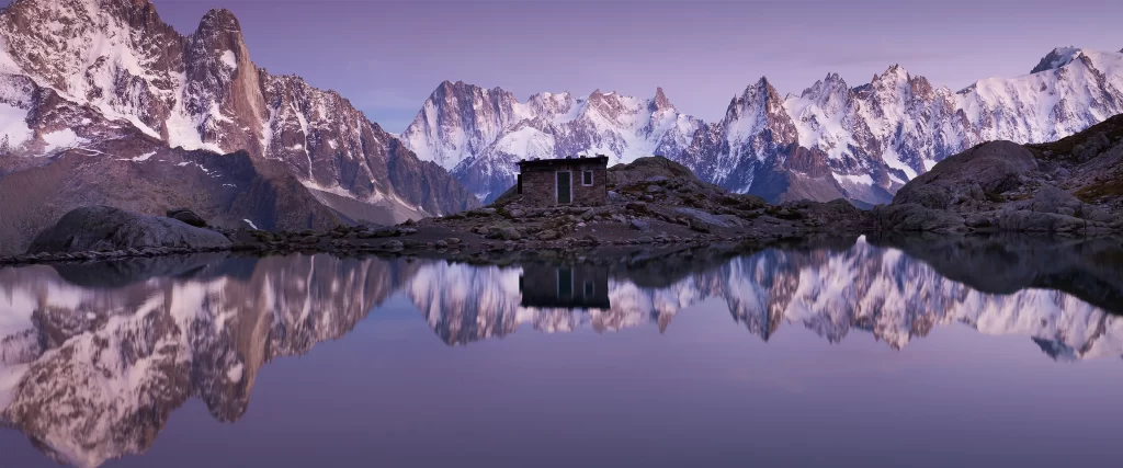 Mountains Snow Reflection Lake Cabin Twilight
