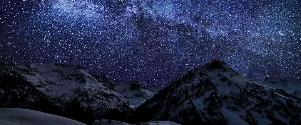 mountains snow stars night sky clear