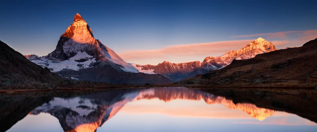 Mountains Sunset Reflection Lake Snow Sky