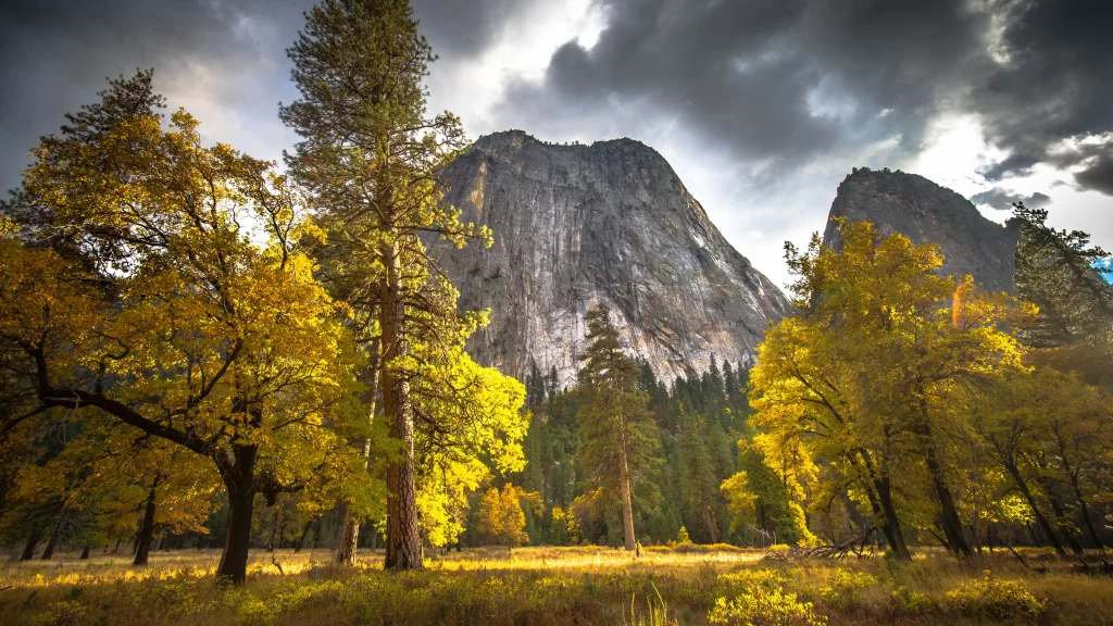 Mountains Trees Autumn Sunlight Clouds Landscape