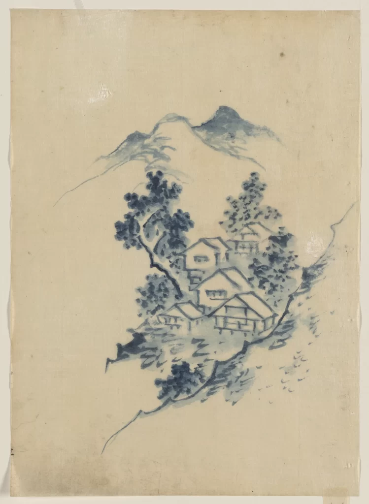 Mountains Trees Houses Blue Traditional Landscape