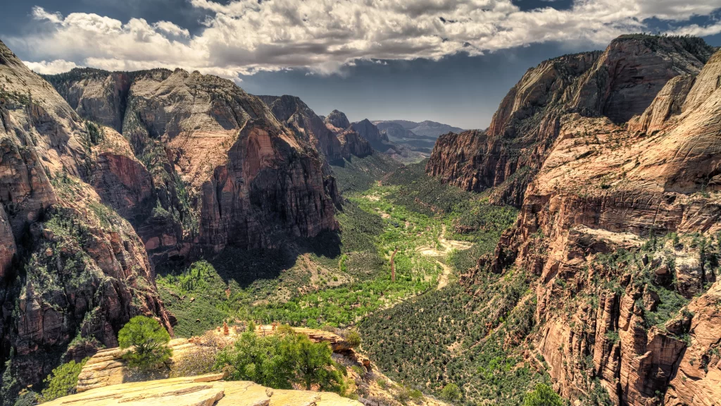 mountains valley greenery sky clouds