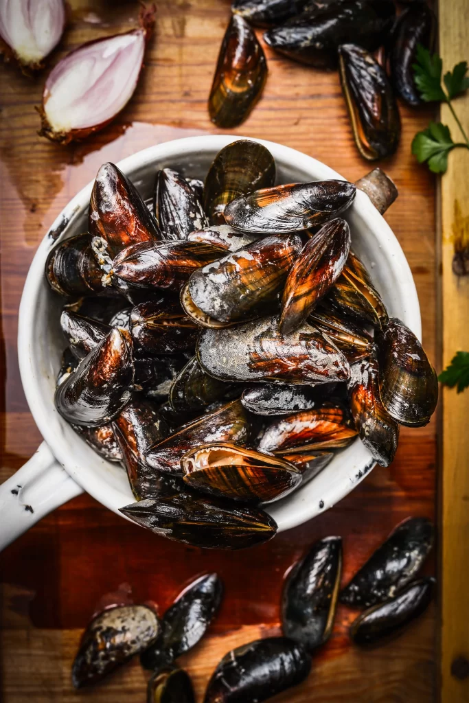 Mussels Brown Shell White Bowl Wooden Table