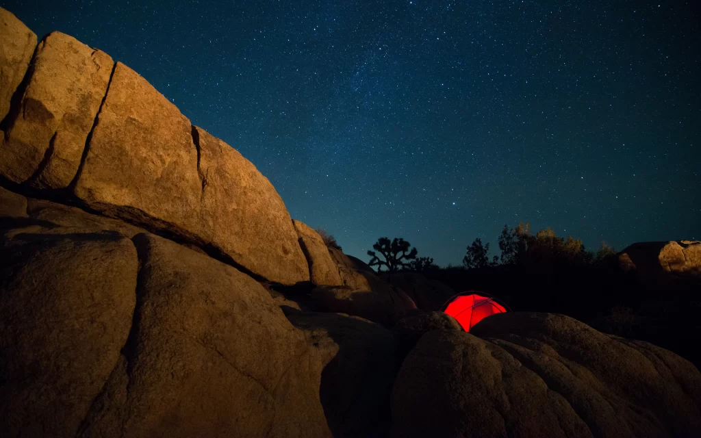 Night Camping Red Tent Desert Rocky Starry Clear