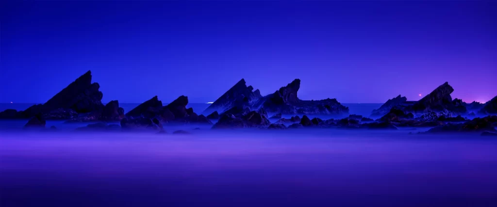 Night Rocks Ocean Mist Purple Serene