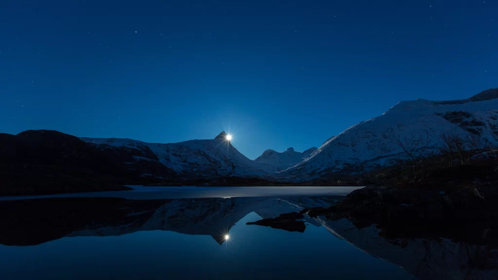 night sky moon mountains lake reflection stars