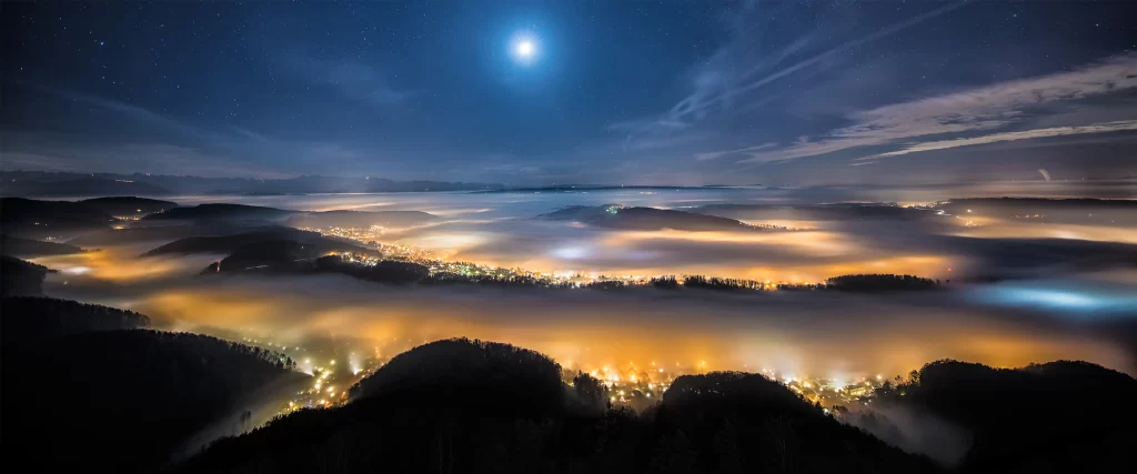 Night Sky Moon Stars Fog City Lights Mountains