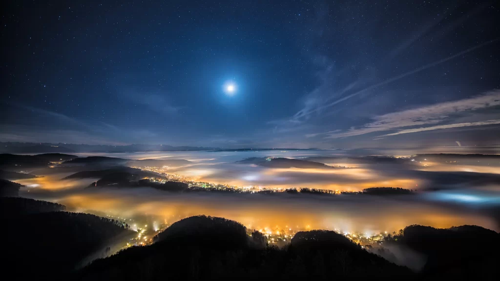 night sky moon stars landscape fog city lights