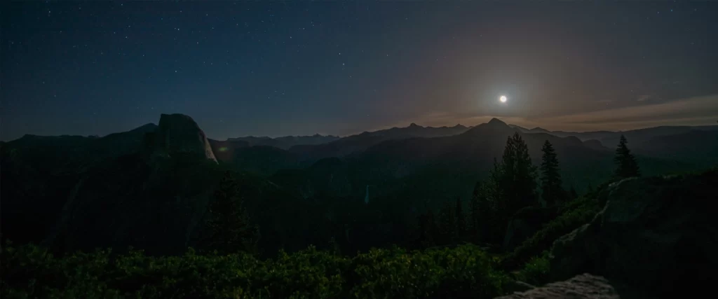 night sky moon stars mountains trees
