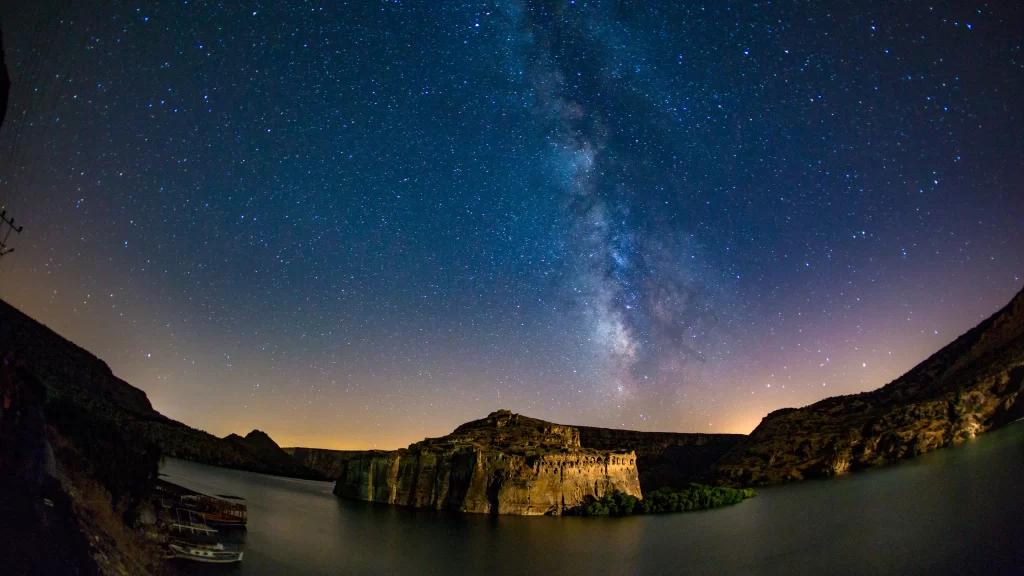 night sky stars galaxy mountains lake