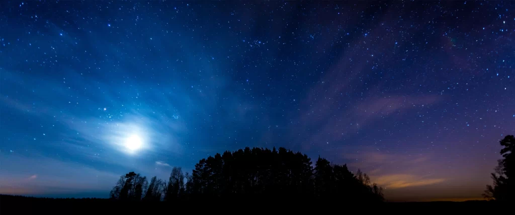 night sky stars moon clouds trees